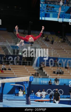 Arlake Gymnastik Center, Tokio, Japan. Juli 2021. Womens Team Artistic Gymnastics Finale, Tag 4 der Olympischen Sommerspiele 2020 in Tokio; Grace McCallum aus den USA tritt im Gleichgewichtsstrahl an Credit: Action Plus Sports/Alamy Live News Stockfoto