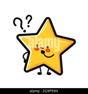 Niedliche lustige glückliche Sternzeichen Charakter mit Fragezeichen. Vektor Hand gezeichnet Cartoon kawaii Charakter Illustration Symbol. Isoliert auf weißem Hintergrund. Stern-Rating-Symbol, überprüfen Doodle Charakter Konzept Stock Vektor