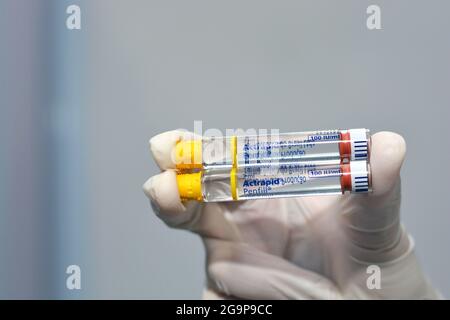 Actrapid humane Insulin rDNA Penfill 100 IU-Lösung zur subkutanen oder intravenösen Injektion in Kartusche, die bei Diabetikern bei IDDM-Patienten verwendet wird Stockfoto