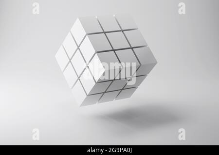 3d-Illustration eines großen Würfels aus kleinen Blöcken. Abstrakter Hintergrund. Zukunftsweisendes Technologiekonzept Stockfoto