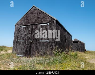 Schwarz lackierte Fischerhütten aus Holz in den Sanddünen von Winterton on Sea in der Nähe von Great Yarmouth an der Ostküste von Norfolk UK. Stockfoto