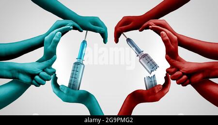 Anti-Vaxxer-Konzept und ungeimpfte und geimpfte Menschen als Anti-Impfstoff oder Personen, die sich gegen die Einnahme von Impfstoffen mit 3D-Illustrationselementen. Stockfoto