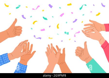 Klatschende Hände. Eine Gruppe von Männern und Frauen gratuliert einem Gewinner. Das Geschäftsteam applaudiert für großartige erfolgreiche Arbeit. Teamwork und Zweisamkeit con Stock Vektor
