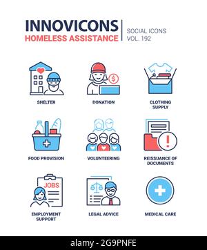 Obdachlose Assistance – Ikonen im modernen, farbenfrohen Liniendesign. Eine Reihe von Bildern zum Thema Soziales. Schutz, Spende, Freiwilligenarbeit, Unterstützung, Beratung, medica Stock Vektor