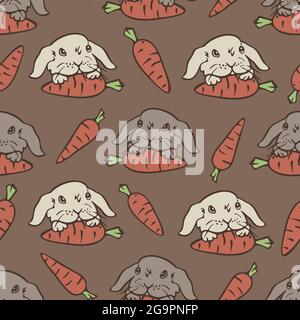 Vektor nahtloses Muster mit niedlichen kleinen Hasen Gesichter und Karotten. Flache Vektorgrafik. Stock Vektor