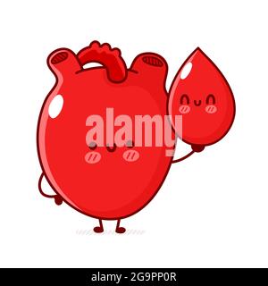 Niedliche lustige menschliche Herz Organ halten Blutstropfen. Vektor flache Linie Doodle Cartoon kawaii Figur Illustration. Isoliert auf weißem Hintergrund. Menschliches Herzorgan, Blut Cartoon Maskottchen Charakter Konzept. Vektorgrafik Stock Vektor