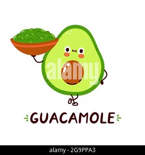 Nette glückliche Avocado halten Guacamole Sauce Schüssel Charakter. Vektor Hand gezeichnet Cartoon kawaii Figur Illustration. Isoliert auf weißem Hintergrund. Acocado und Guacamole Sauce Cartoon Charakter Konzept Stock Vektor