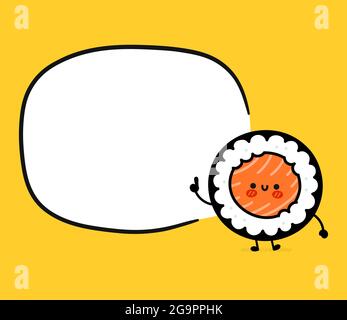 Niedliche lustige Sushi-Rolle Charakter mit Textfeld. Vektor flache Cartoon kawaii Figur Illustration Symbol. Sushi-Rolle, Maki, asiatische Lebensmittel Cartoon Charakter Konzept Stock Vektor
