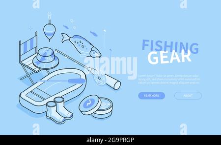 Angelausrüstung – isometrisches Banner im blauen Liniendesign. Hobby- und Outdoor-Aktivitäten-Header mit Platz für Ihren Text. Fisch, Gummistiefel, Rute, Köder, Flo Stock Vektor