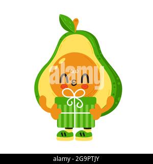 Nette lustige Avocado mit Baby Gesicht halten Geschenkbox. Vektor Cartoon kawaii Figur Illustration Kinder emoji-Symbol. Isoliert auf weißem Hintergrund. Avocado Kind Poster, Geschenkkarte Cartoon Charakter Konzept Stock Vektor