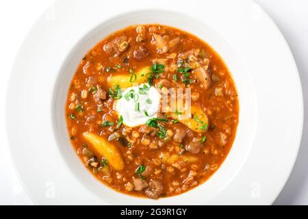 Traditionelle russische Suppe rassolnik mit eingelegten Gurken, Gerste, Fleisch mit Grün auf einem weißen Teller dekoriert. Nahaufnahme Stockfoto