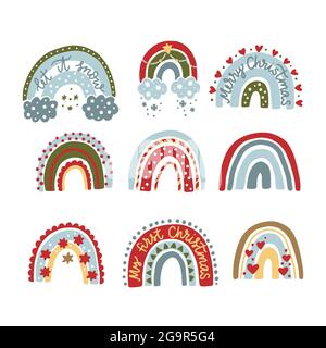 Weihnachten Regenbogen Vektor festlich Kindergarten trendy Cartoon Illustration Set. Weihnachtsgruß für Kinder. Handgezeichnetes Ornament skandinavische Textilkollektion. Stock Vektor