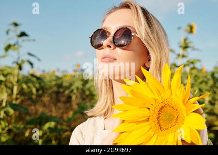 Fröhliche junge Frau in Sonnenbrille und weißem Kleid stehen Eine der großen Sonnenblumen vor der Kamera in der Feld gegen klaren Himmel Stockfoto