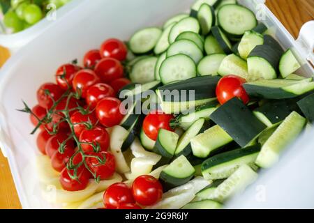 Gurken, Tomaten und anderes Gemüse Makro Stockfoto