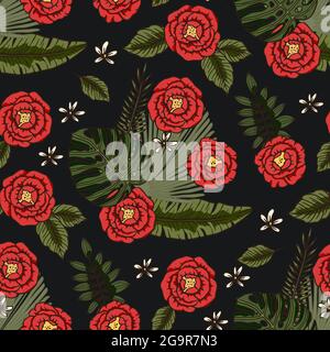 Rote tropische Hibiskusrosenblüte und Palmenmonstera mit nahtlosem Muster. Natur Sommer Kunst auf schwarzem Hintergrund. Eleganz Pflanze Vektor hawaii Illustration. Stock Vektor