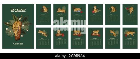 Tiger Kalender Cartoon druckbare a4 Vektor-Illustration. Chinesisches tropisches Neujahrsdesign mit wilden Tieren. Weihnachten 2022 Symbol Stock Vektor