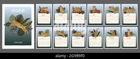 Tiger Kalender Cartoon druckbare a4 Vektor-Illustration. Chinesisches tropisches Neujahrsdesign mit wilden Tieren. Weihnachten 2022 Symbol Stock Vektor