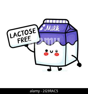 Nette lustige glückliche Milchbox mit laktosefreiem Schild. Vektor Hand gezeichnet Cartoon kawaii Charakter Illustration Symbol. Isoliert auf weißem Hintergrund. Milch Milchbox, laktosefreie Cartoon-Charakter-Konzept Stock Vektor