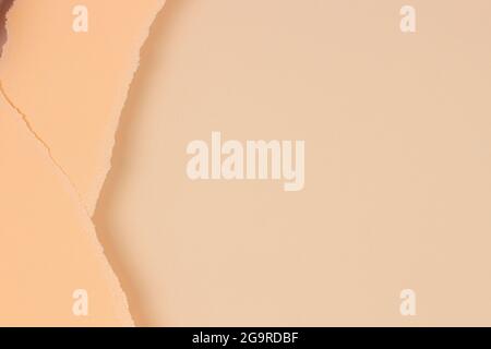 Zwei Stücke zerrissenes Papier auf hellem beigefarbenem Papierhintergrund. Abstact monochromen erdigen Farbhintergrund Stockfoto