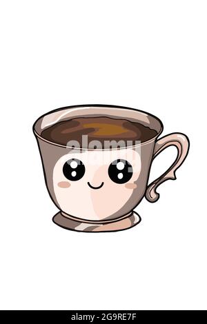 Cartoon, Kawaii Gesicht, Tasse, Kaffee oder Tee Illustration. Stockfoto