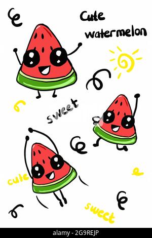 Cartoon, kawaii Gesicht, Wassermelone Scheibe, Illustration drawing.Pattern, Hintergrund. Stockfoto