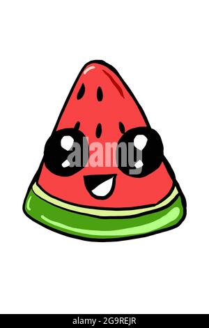 Cartoon, kawaii Gesicht, Wassermelone Scheibe, Illustration Zeichnung. Stockfoto