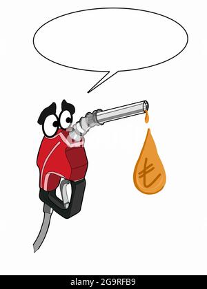 Nettes Gesicht, Gaspumpe, Kraftstoffpumpe, Zeichentrickfilm Zeichentrickzeichnung und Sprechblase, tropfendes Öl, türkisches Geld Stockfoto
