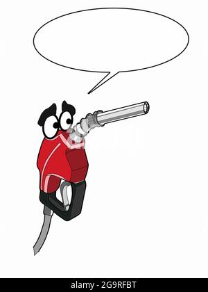 Niedliches Gesicht, Gaspumpe, Kraftstoffpumpe, Zeichentrickfilm-Illustration der Charater und Sprechblase, tropfendes Öl Stockfoto