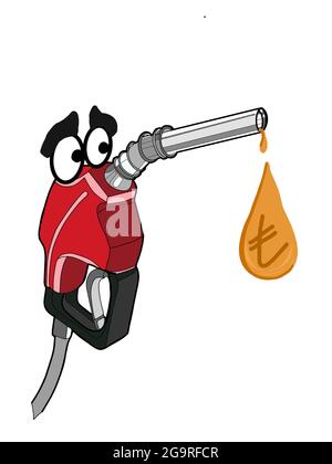 Nettes Gesicht, Gaspumpe, Kraftstoffpumpe, Zeichentrickfilm Zeichentrickzeichnung, tropfendes Öl, türkisches Geld Stockfoto