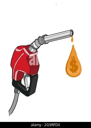 Gaspumpe, Kraftstoffpumpe, Zeichentrickfilm Zeichnungszeichnung für Charater, tropfendes Öl, Dolar, Geld Stockfoto
