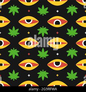 Grass Cannabisblätter und rote Augen nahtloses Muster. Vektor Hand gezeichnet Cartoon Illustration Icon Design. Tripy Marihuana Cannabis Unkraut und hohe Augen, dope nahtlose Muster Konzept Stock Vektor