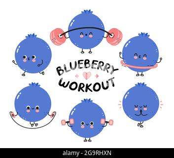 Niedliche lustige Heidelbeere machen Gym Set Kollektion. Vektor flache Linie Cartoon kawaii Figur Illustration Symbol. Isoliert auf weißem Hintergrund. Blueberry Workout, Fitness, Sport Charakter Konzept Stock Vektor