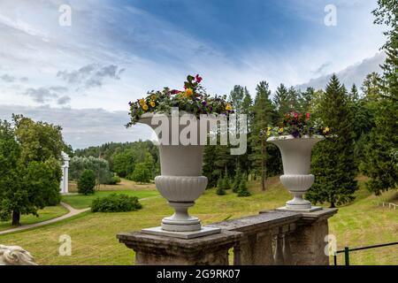 Pavlovsk, Region Leningrad, Russland - 10. juli 2019: Große italienische Steintreppe im Pawlowsker Park Stockfoto