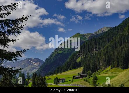 Sankt Jakob, Österreich. Juli 2021. Das Defereggental in Tirol. Das Defereggental liegt inmitten des Nationalparks hohe Tauern. Das Tal ist umgeben von den Bergen der Deferegg, der Rieserferner-Gruppe, der Lasörling-Gruppe und der Schober-Gruppe. Quelle: Patrick Pleul/dpa-Zentralbild/ZB/dpa/Alamy Live News Stockfoto