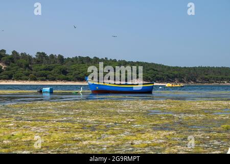 Lagoa („Lagune“) de Albufeira liegt auf der westlichen Seite der Halbinsel Setúbal, zwischen Caparica und Espichel Cap. Stockfoto