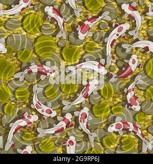 Koi Karpfen in einem japanischen Teich. Japanische Karpfen schwimmen unter Wasser. Stock Vektor