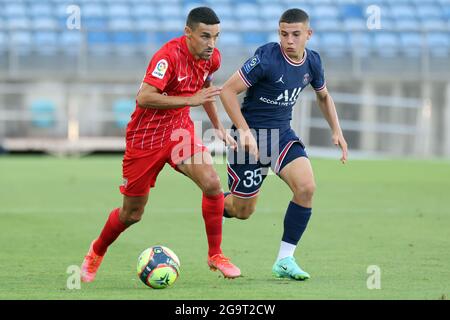 Faro, Portugal. 27. Juli 2021, Jesus Navas von Sevilla CF während des Vorsaison-Freundschaftsspiel zwischen Sevilla CF und Paris Saint Germain im Algarve-Stadion in Faro, Portugal. (Kredit: Jose Luis Contreras) Stockfoto