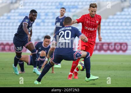 Faro, Portugal. 27. Juli 2021, Ivan Rakitic von Sevilla CF während des Vorsaison-Freundschaftsspiel zwischen Sevilla CF und Paris Saint Germain im Algarve-Stadion in Faro, Portugal. Stockfoto