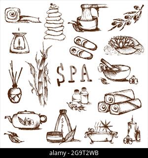 Illustrationen für Spa Salon. Kerzen, Öle, Enthaarung. Beauty-Therapie und Spa-Entspannung für Wellness-Vektor. Handgezeichneter Satz von SPA-Attributen. Stock Vektor