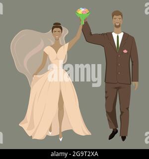 Glücklicher Bräutigam mit Braut, die Blumenstrauß in den Händen hält und auf grauem Hintergrund lächelt Stock Vektor