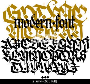 Gothic. Vektor. Schwarze Großbuchstaben auf weißem Hintergrund. Schöne und stilvolle Kalligraphie. Elegante europäische Schrift für Design. Mittelalterlich modern Stock Vektor