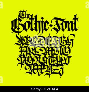 Gothic. Vektor. Groß- und Kleinbuchstaben auf gelbem Hintergrund. Schöne und stilvolle Kalligraphie. Elegante europäische Schrift für Tattoo und de Stock Vektor