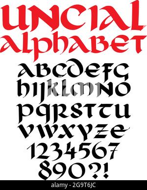 Römische unziale Schrift. Vektor. Buchstaben und Zahlen im gotischen Stil. Kalligraphie für Inschriften. Schriftart für Tattoo, persönliche und kommerzielle Zwecke. F Stock Vektor