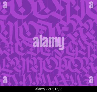 Mittelalterliches Gothic-Muster. Vektor. Moderne europäische Gotik. Feilchen auf dunklem Hintergrund. Alle Briefe sind mit einem Stift handgeschrieben. Großbuchstaben. Stock Vektor