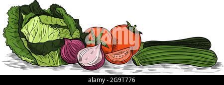 Veganes Gemüse gesundes Essen grün gefärbte Doodle Stil Zeichnung Illustration Stock Vektor