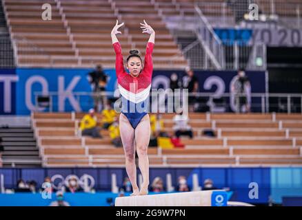 27. Juli 2021: !! {während des Finales des Teams der Kunstturnen der Frauen bei den Olympischen Spielen in Yokyo im Ariake Gymnastik Center, Tokio, Japan. Kim Price/CSM Stockfoto