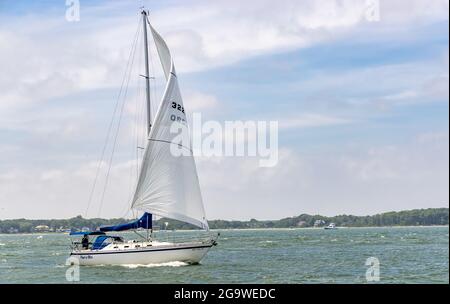 Kleines Segelboot unter Segel, das die Gewässer vor Greenport, NY, durchfährt Stockfoto