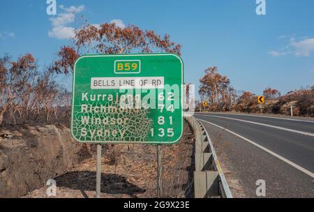 2019/ 20 NSW Buschfeuer - Bells Line of Road Blue Mountains Australien Stockfoto