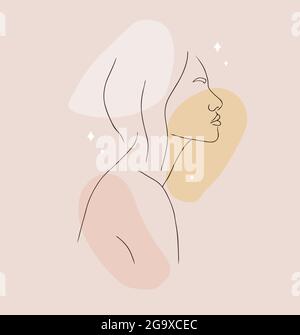 Make-up oder Frisur Konzept. Abstraktes Frauenporträt auf beigefarbenem Hintergrund mit verschiedenen Formen. Vektor-Illustration im trendigen linearen Stil. Logo für Stock Vektor