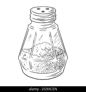 Abbildung Mit Pfeffer-Shaker-Gravur. Handgezeichnete Glas Kochen Gewürz Vektor Skizze im Vintage-Stil für Logo, Rezept, Menü, Emblem, Lebensmitteldrucke, Etiketten, Aufkleber Stock Vektor